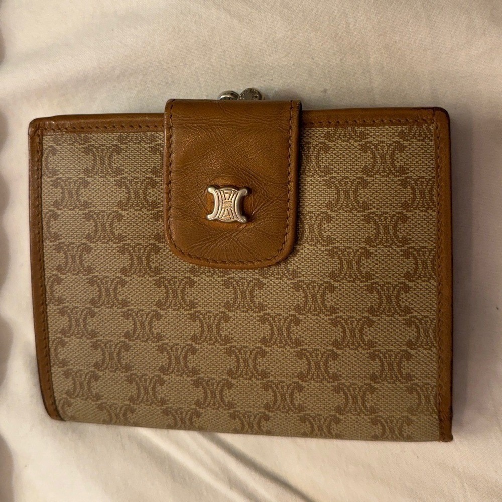 Vintage Celine Macadam Triomphe Compact Bifold Wallet Tan Leather Canvas Italy
